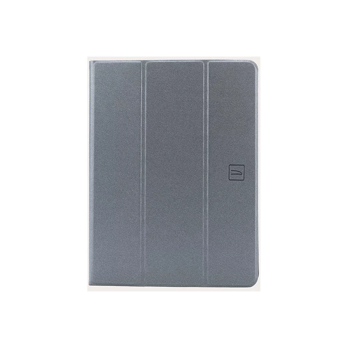 Graues Tablet-Cover mit feiner Struktur und Logo in der Ecke.