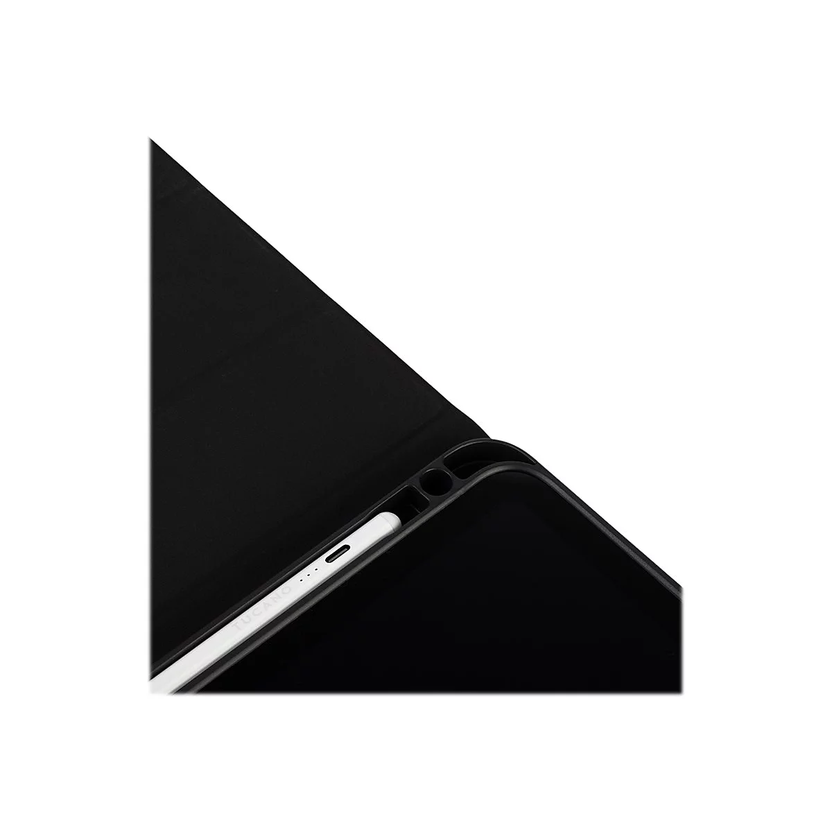 Schwarz Tablet HÃ¼lle, mit weissem Stift im seitlichen Fach. HÃ¼lle ist geÃ¶ffnet.
