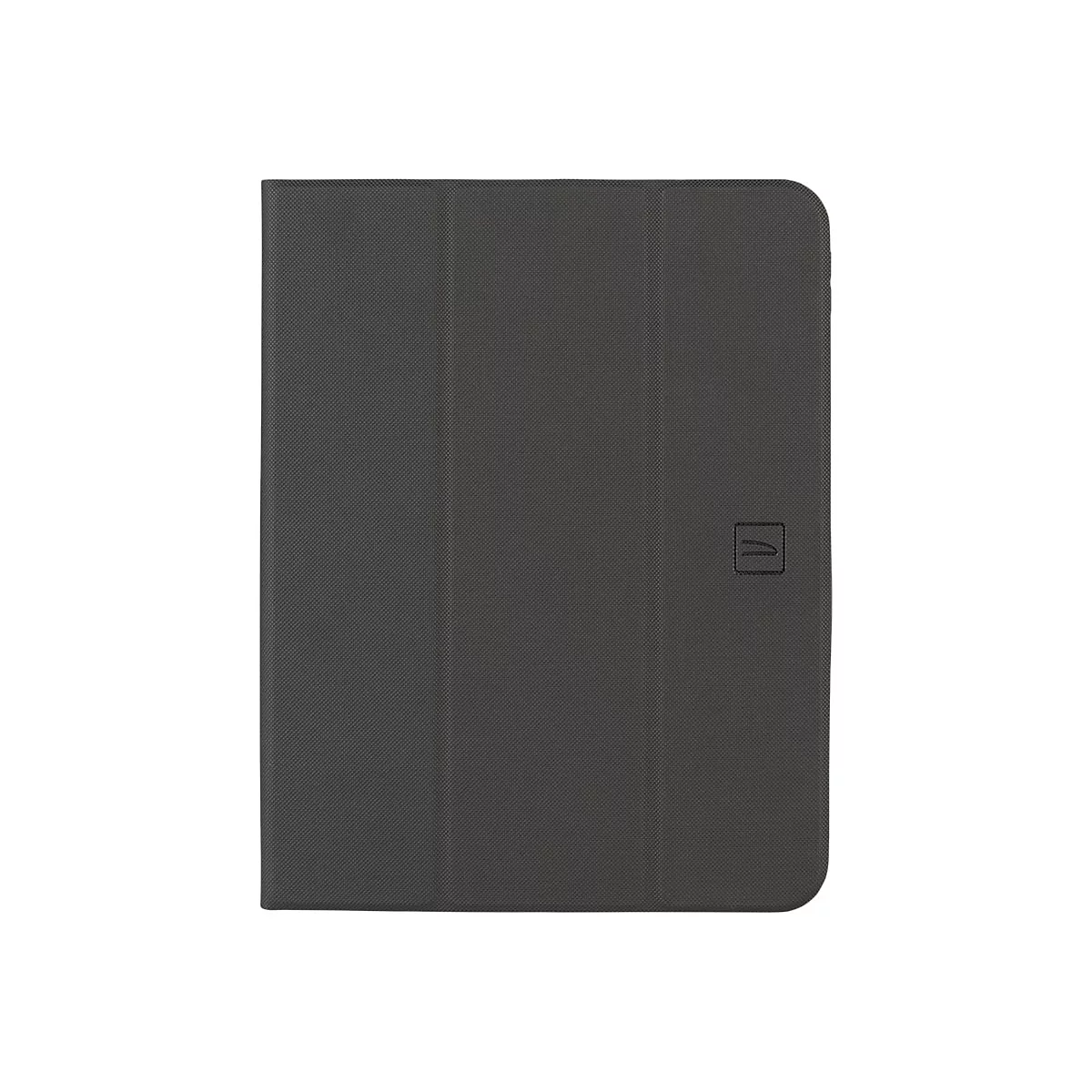Graue Tablet-HÃ¼lle mit Logo. HÃ¼lle mit dreifacher Faltfunktion.