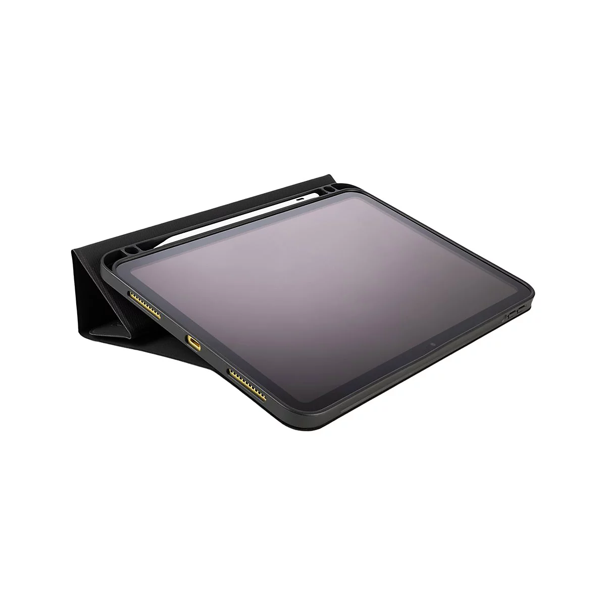Ein schwarzes Tablet in einer SchutzhÃ¼lle. Das Tablet ist leicht angewinkelt und der Bildschirm ist dunkel.