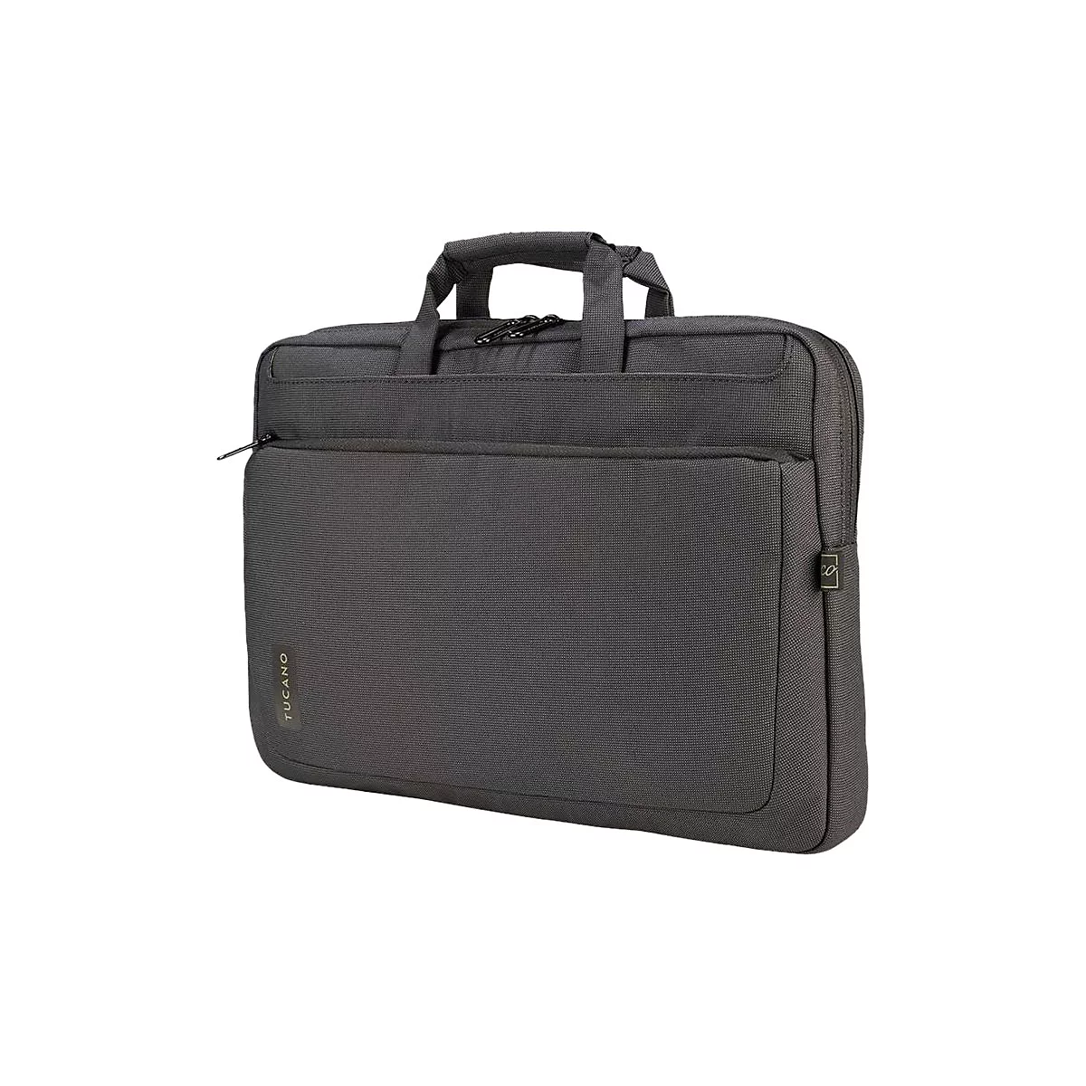 Dunkelgraue Laptoptasche mit Tragegriff und ReiÃŸverschlÃ¼ssen, Label Tucano.