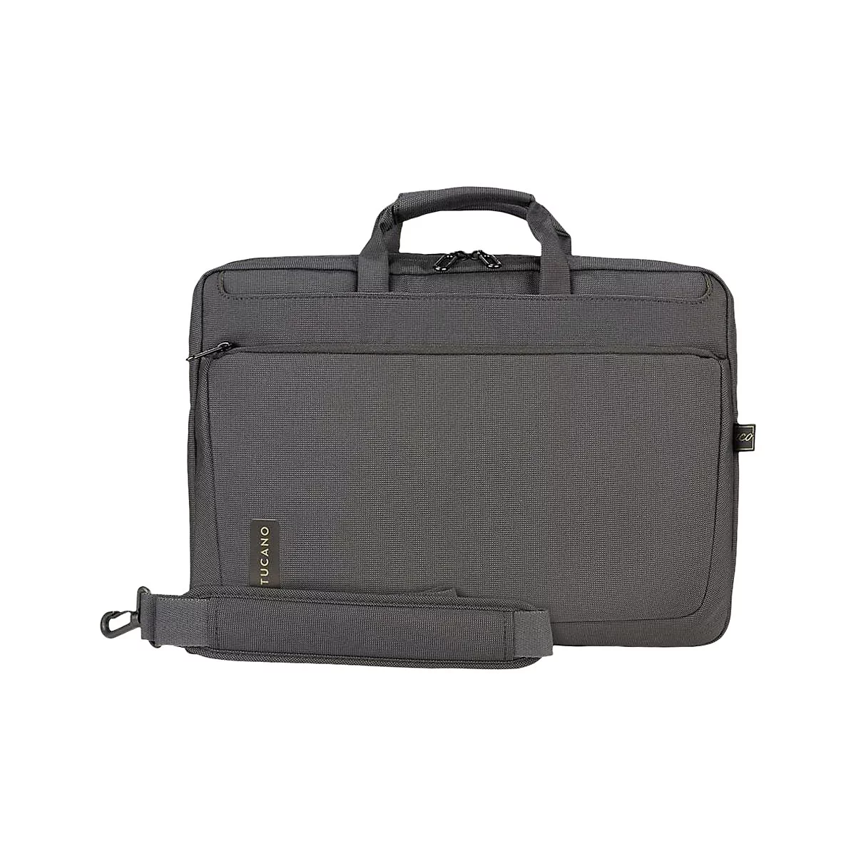 Dunkelgraue Laptoptasche mit Tragegriff und Schulterriemen. Auf der Tasche steht Tucano.