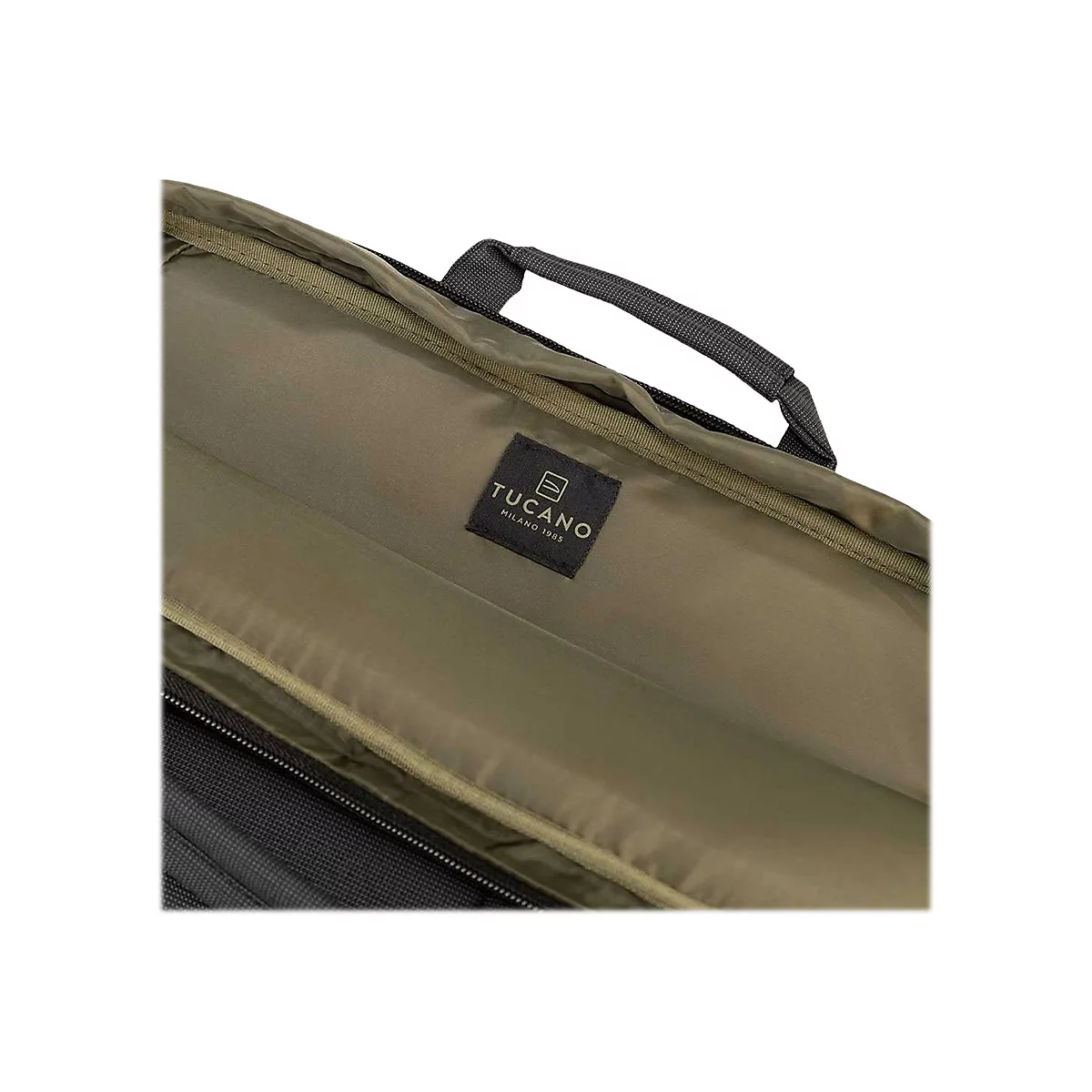 Innenansicht einer olivgrÃ¼nen Laptoptasche mit Griff. Kleines Etikett mit 'Tucano' Logo.