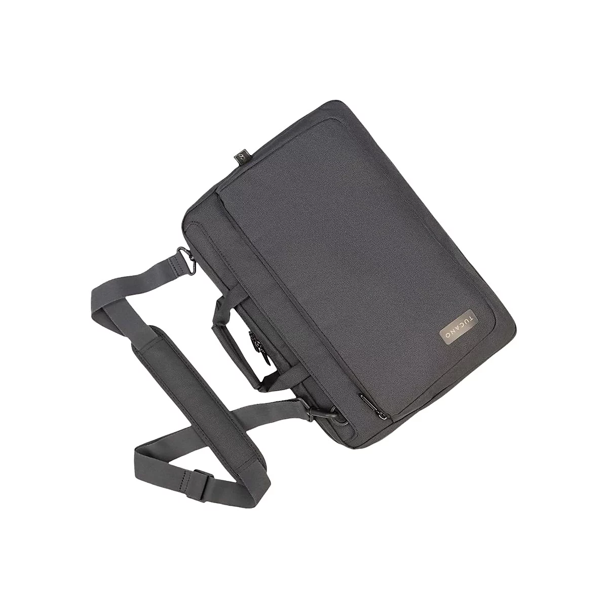 Schwarze Laptoptasche mit Schulterriemen. Sie liegt diagonal im Bild.