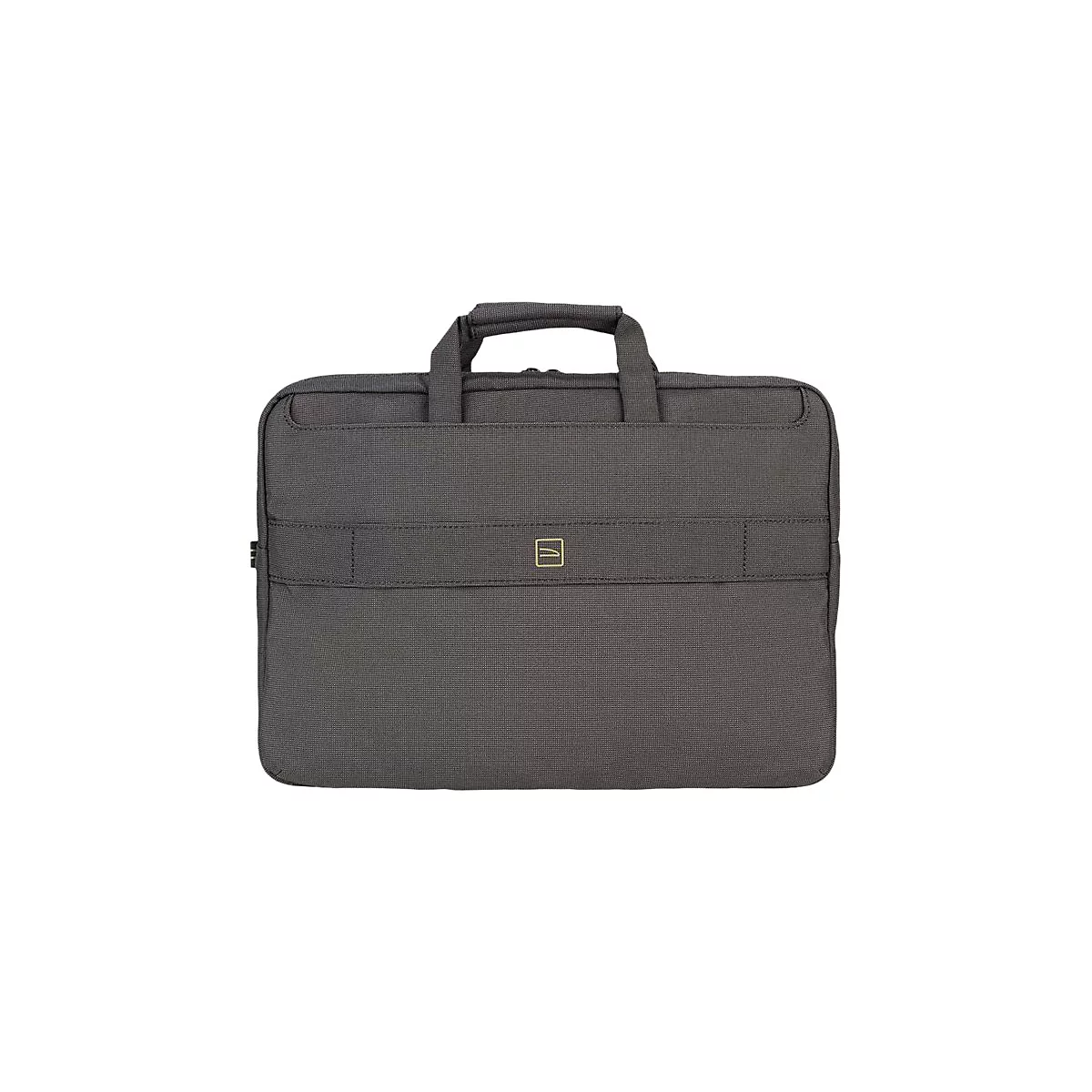 Dunkelgraue Laptoptasche mit Griff und kleinem Logo, mit horizontalem Band.