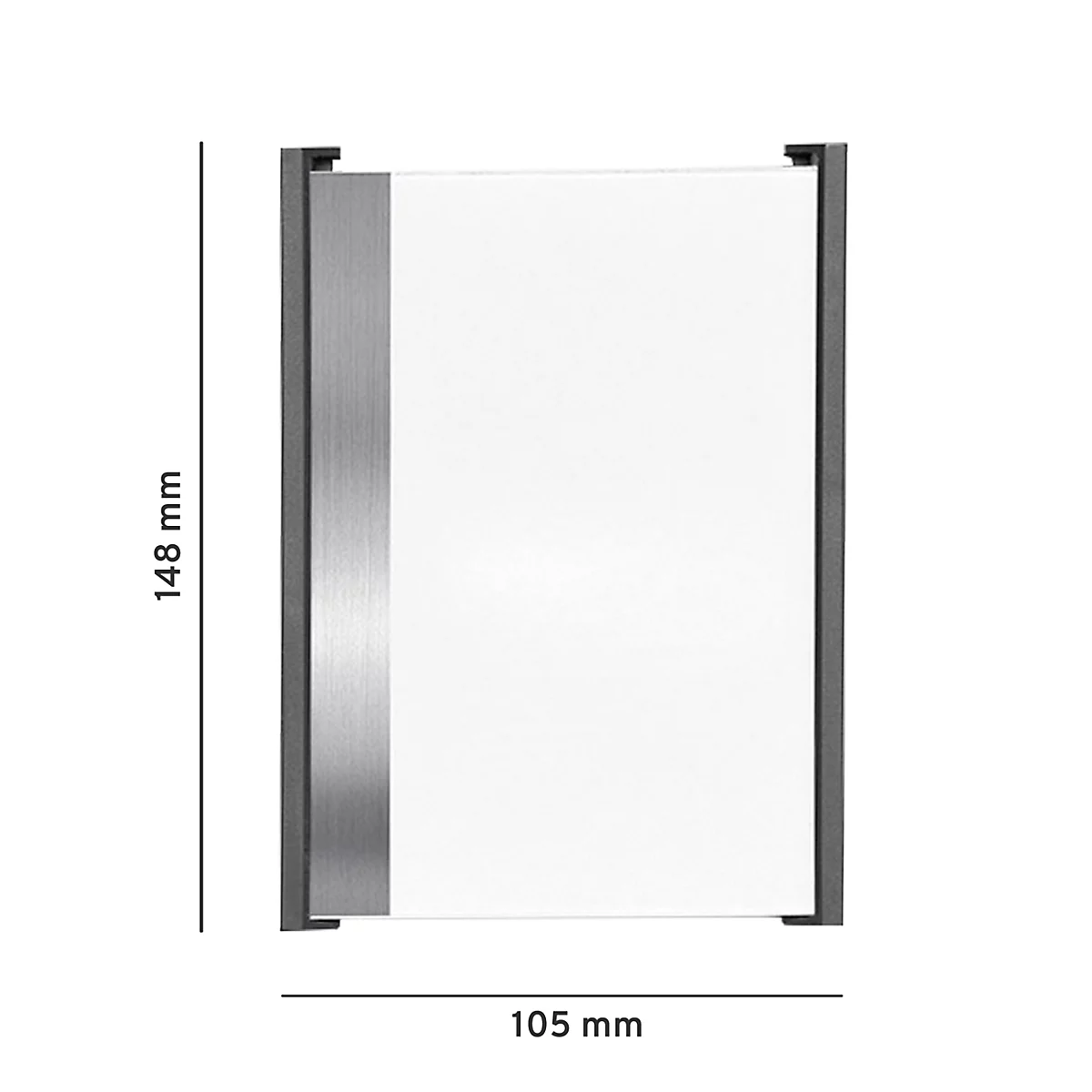Ein rechteckiges, metallisch gerahmtes Glasobjekt. Maße: 148 mm hoch, 105 mm breit.