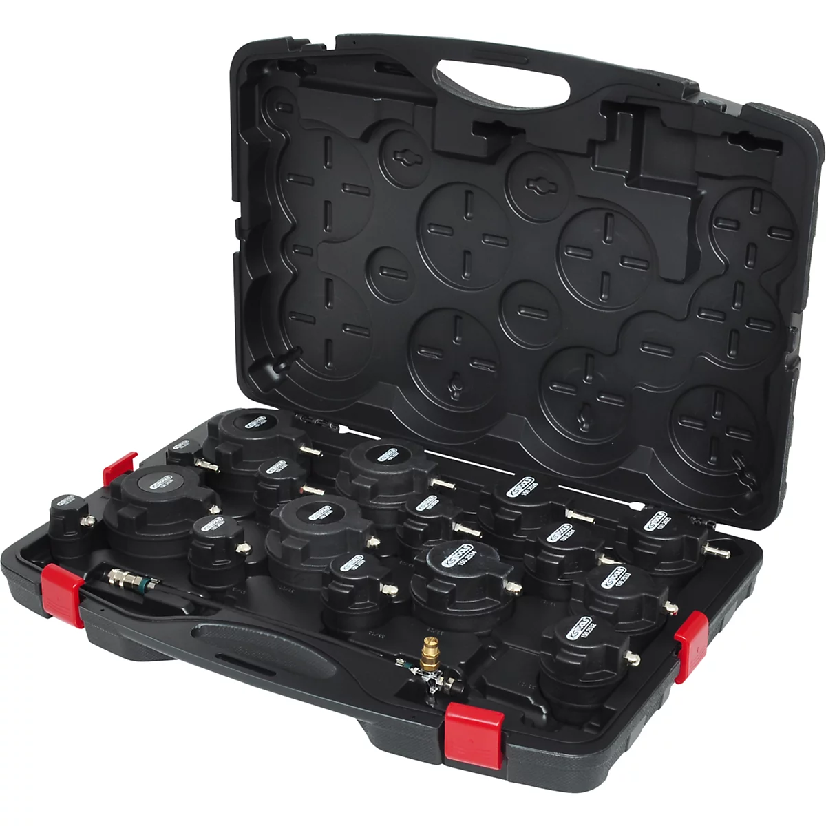 Schwarzer Werkzeugkoffer mit verschiedenen runden Werkzeugen. Rote Verschlüsse. Deckel offen.