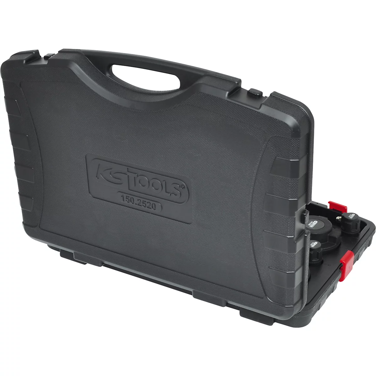 Schwarzer Werkzeugkoffer mit roter Verriegelung, geöffnet. Aufschrift: KS TOOLS.