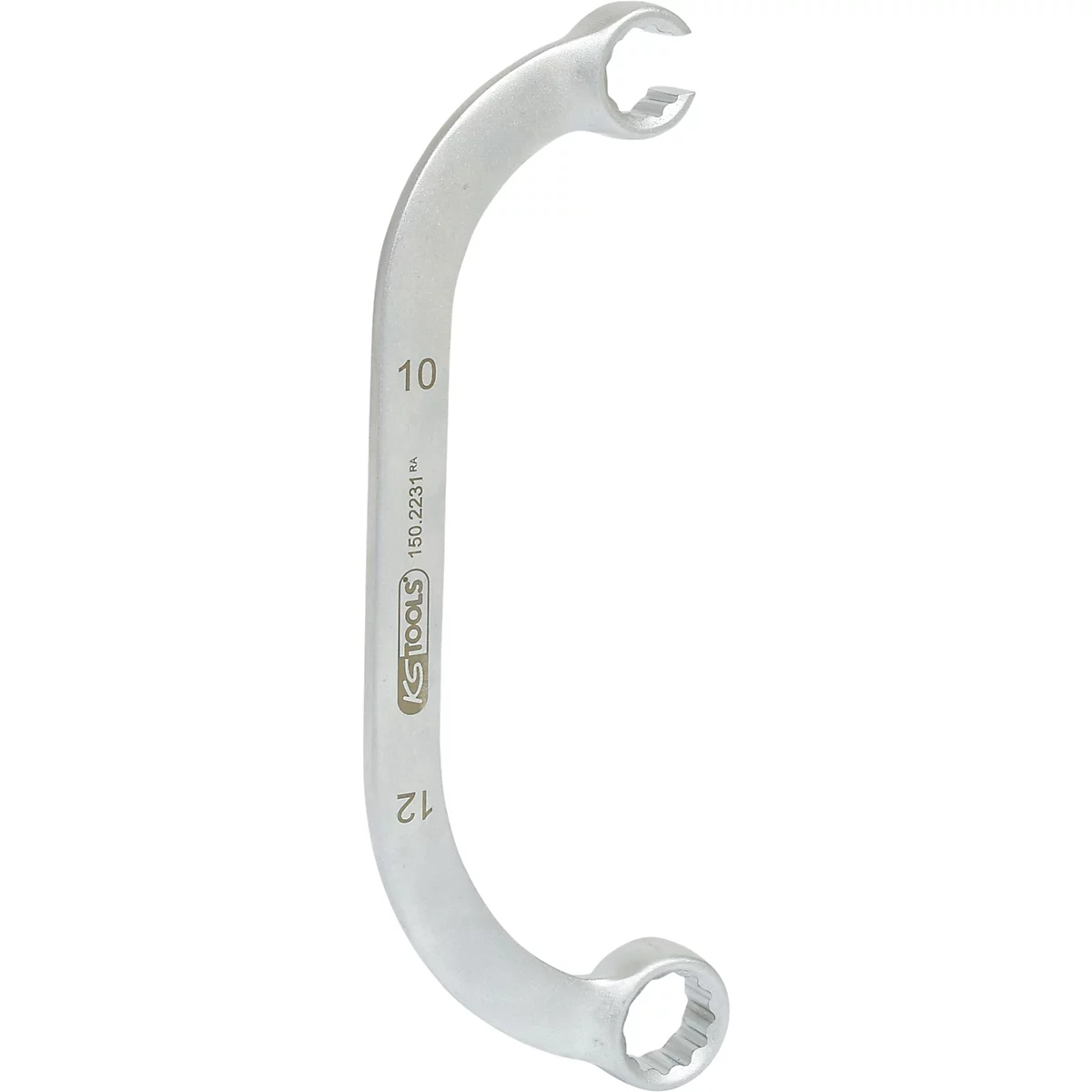 Gebogener Gabelschlüssel aus Metall, mit den Größen 10 und 12 beschriftet. Das Werkzeug ist gebogen und hat an beiden Enden einen sechseckigen Kopf.