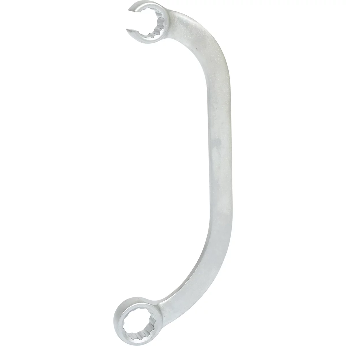 Ein gebogener Ringschlüssel aus Metall, der sich in der Mitte verjüngt und an beiden Enden eine Öffnung aufweist.