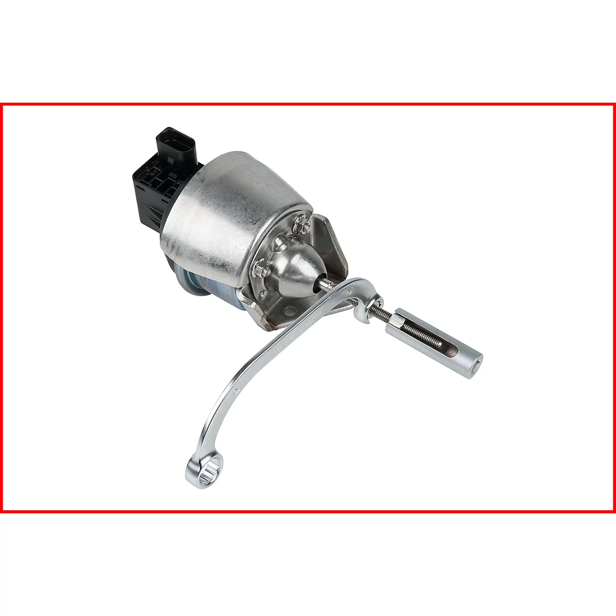 Ein silbernes Automobilteil mit gebogenem Hebel, schwarzem Stecker und rotem Rahmen.