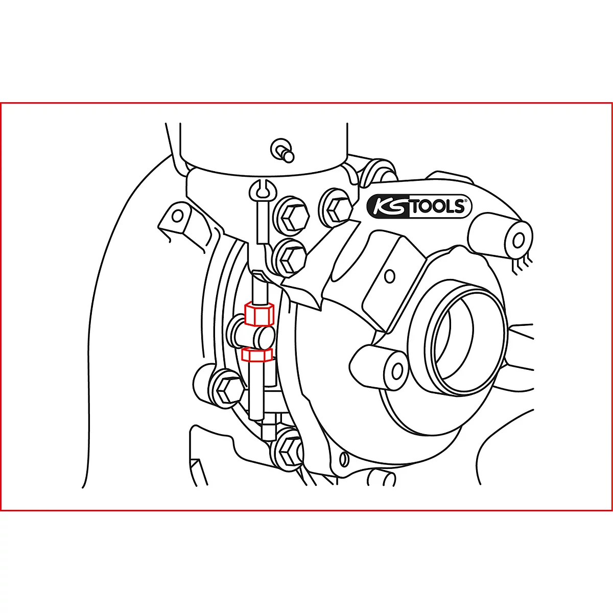Technische Zeichnung eines Bauteils mit KS TOOLS Logo. Zwei rot umrandete Teile sind hervorgehoben.