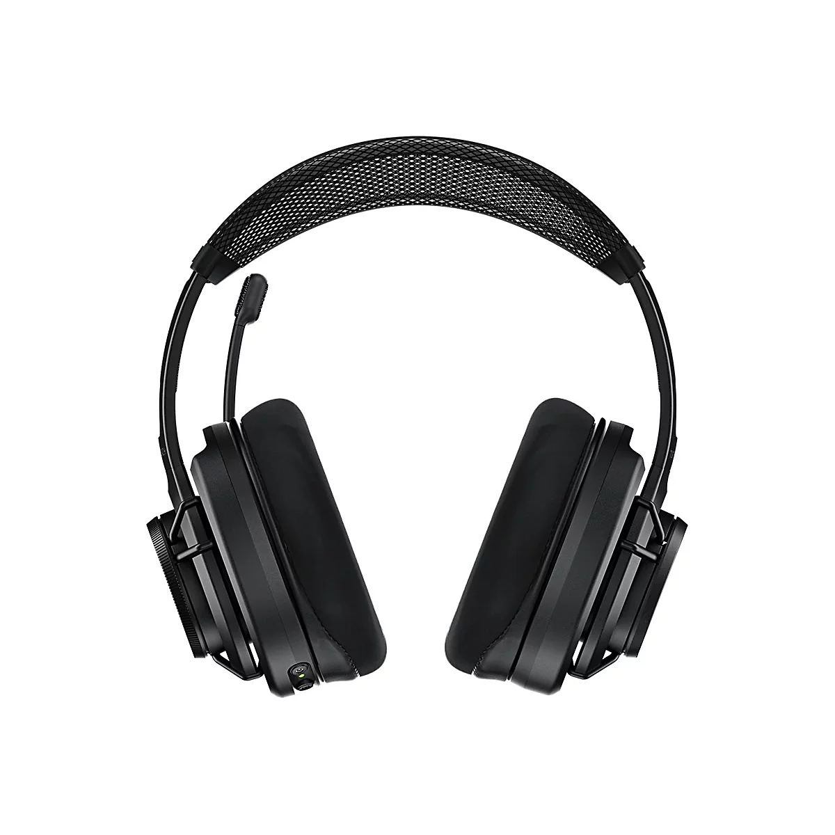 Schwarzes Gaming-Headset, Ansicht von vorne, Mikrofon, Ohrpolster, gepolstertes Kopfband, isoliert auf weißem Hintergrund.