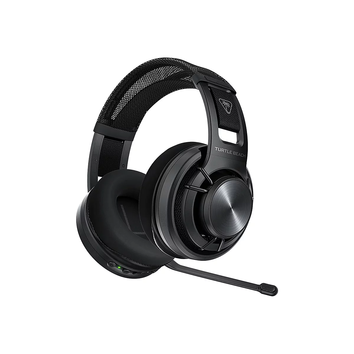 Schwarzes Turtle Beach Headset mit Mikrofon auf weißem Hintergrund.