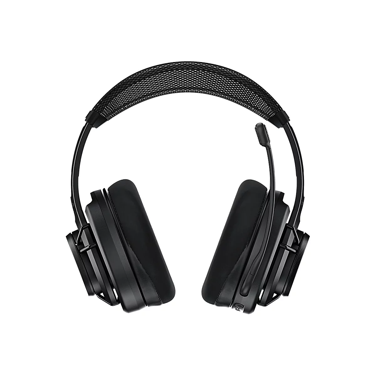Schwarzes Gaming-Headset, perspektivisch von oben fotografiert, mit Mikrofon und gepolstertem Kopfband auf weißem Hintergrund.