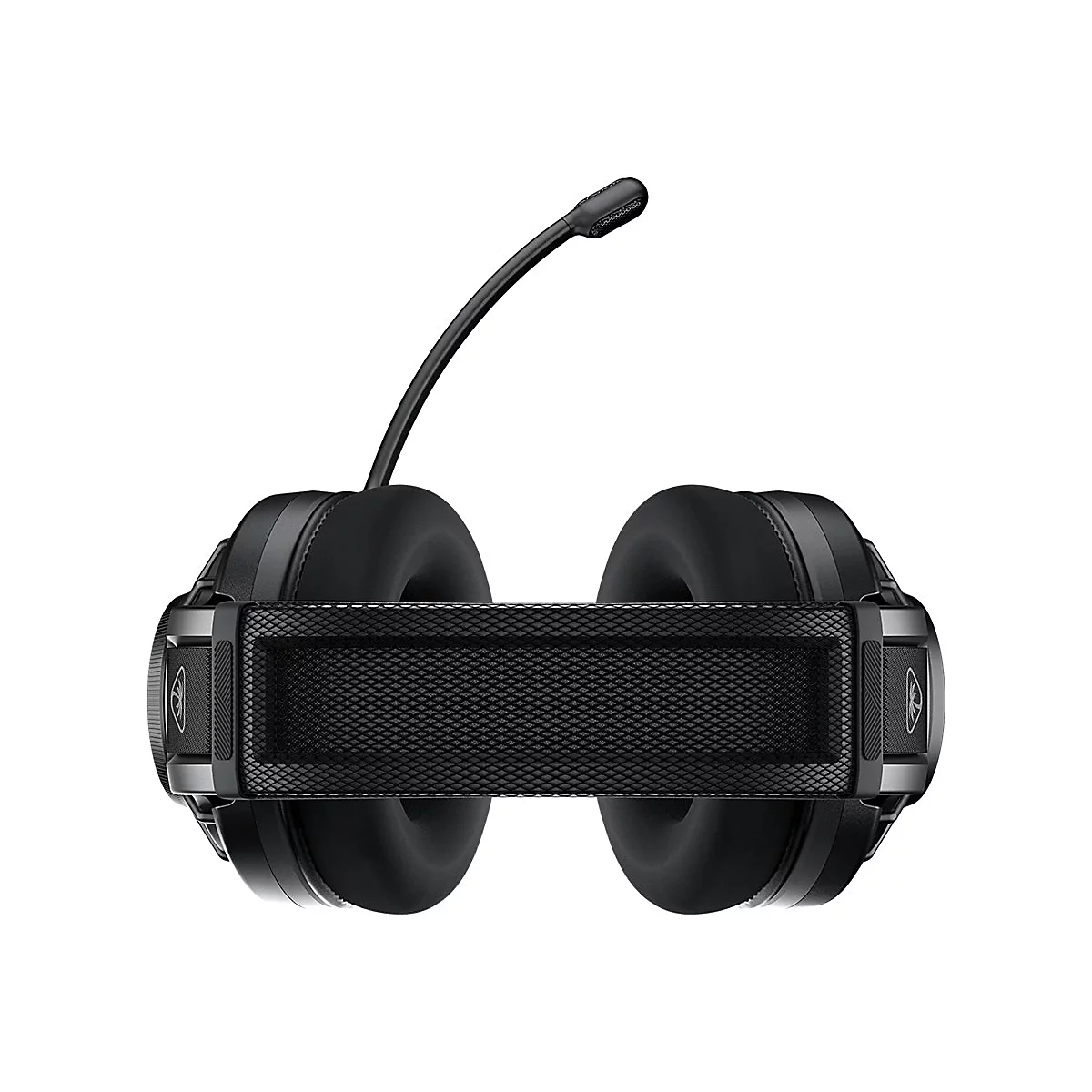 Schwarzes Gaming-Headset. Sicht von oben, mit Mikrofon und gepolsterten Ohrmuscheln. Mesh-Detail am Bügel.