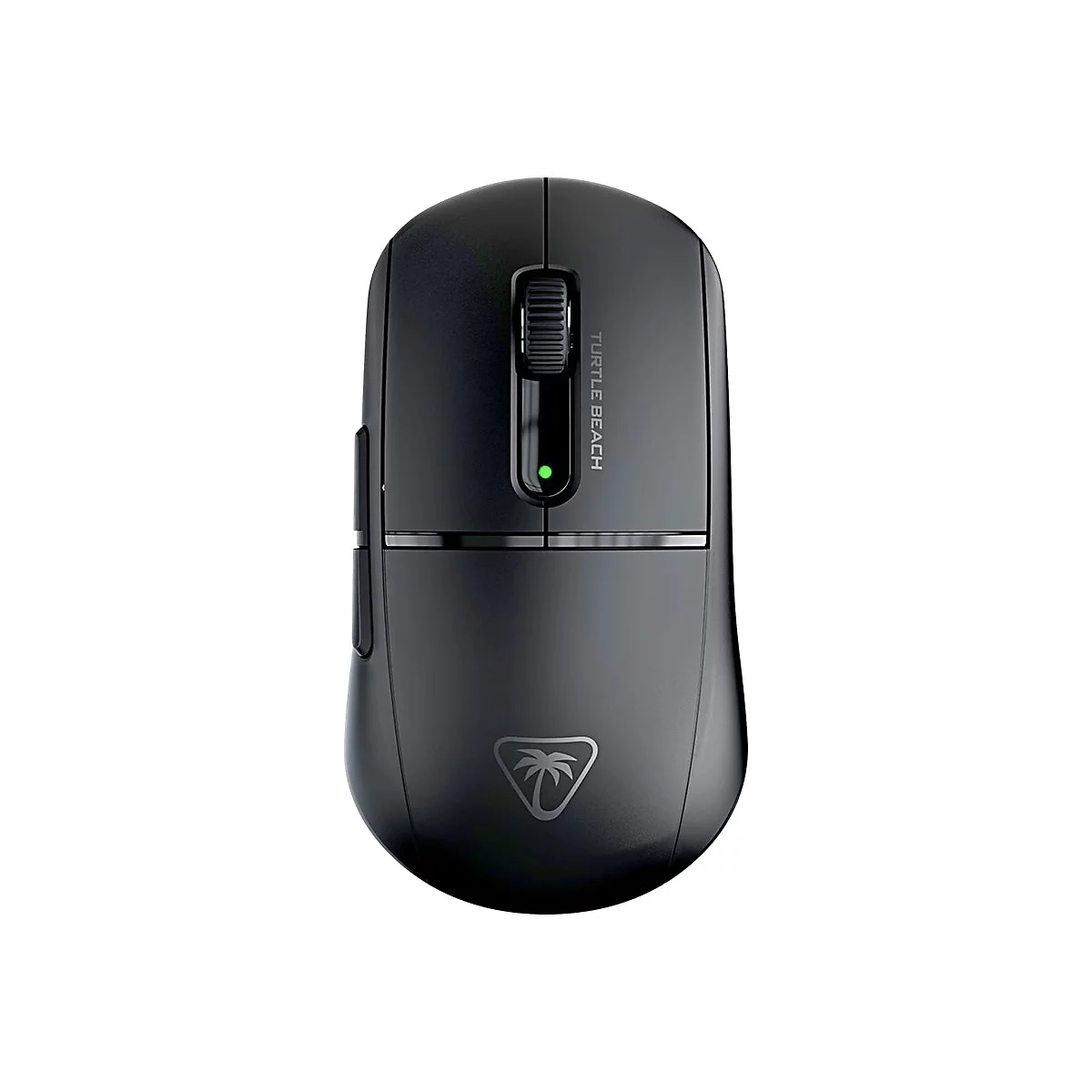 Schwarze Gaming-Maus mit Logo und Schriftzug. Auf der Maus befinden sich ein Scrollrad und eine Leuchte.