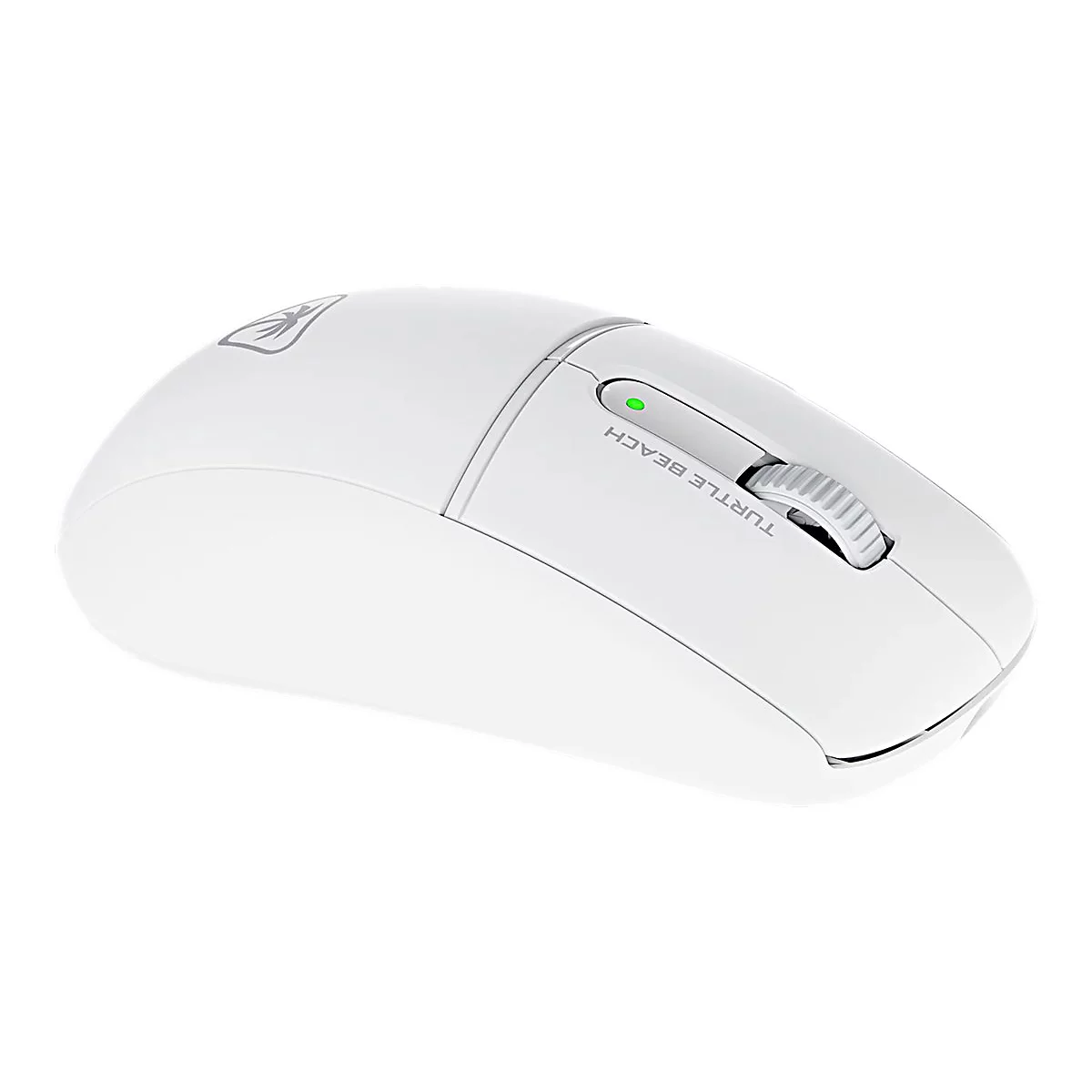 Weisse Computermaus von Turtle Beach, seitliche Beschriftung, Scrollrad und Logo erkennbar.