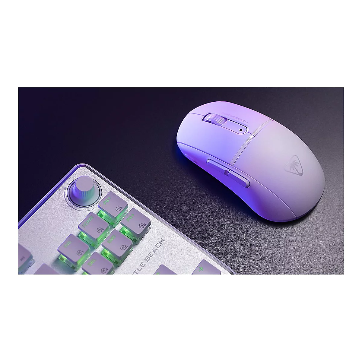 Helllila Gaming-Maus neben hellgrauer Tastatur. Beide mit weißer Beleuchtung.