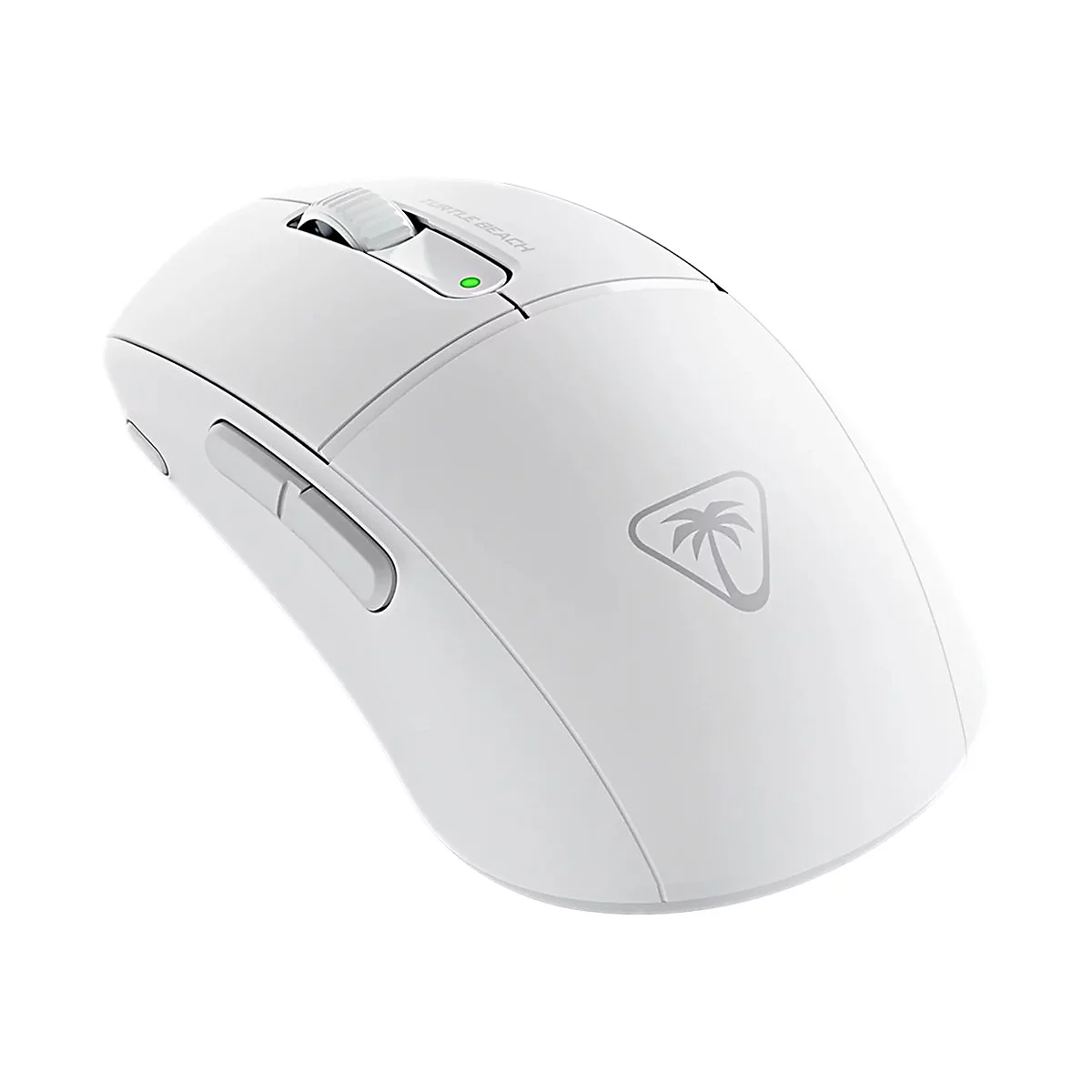 Weisse Maus, Turtle Beach Logo, Scrollrad und Seitentasten.