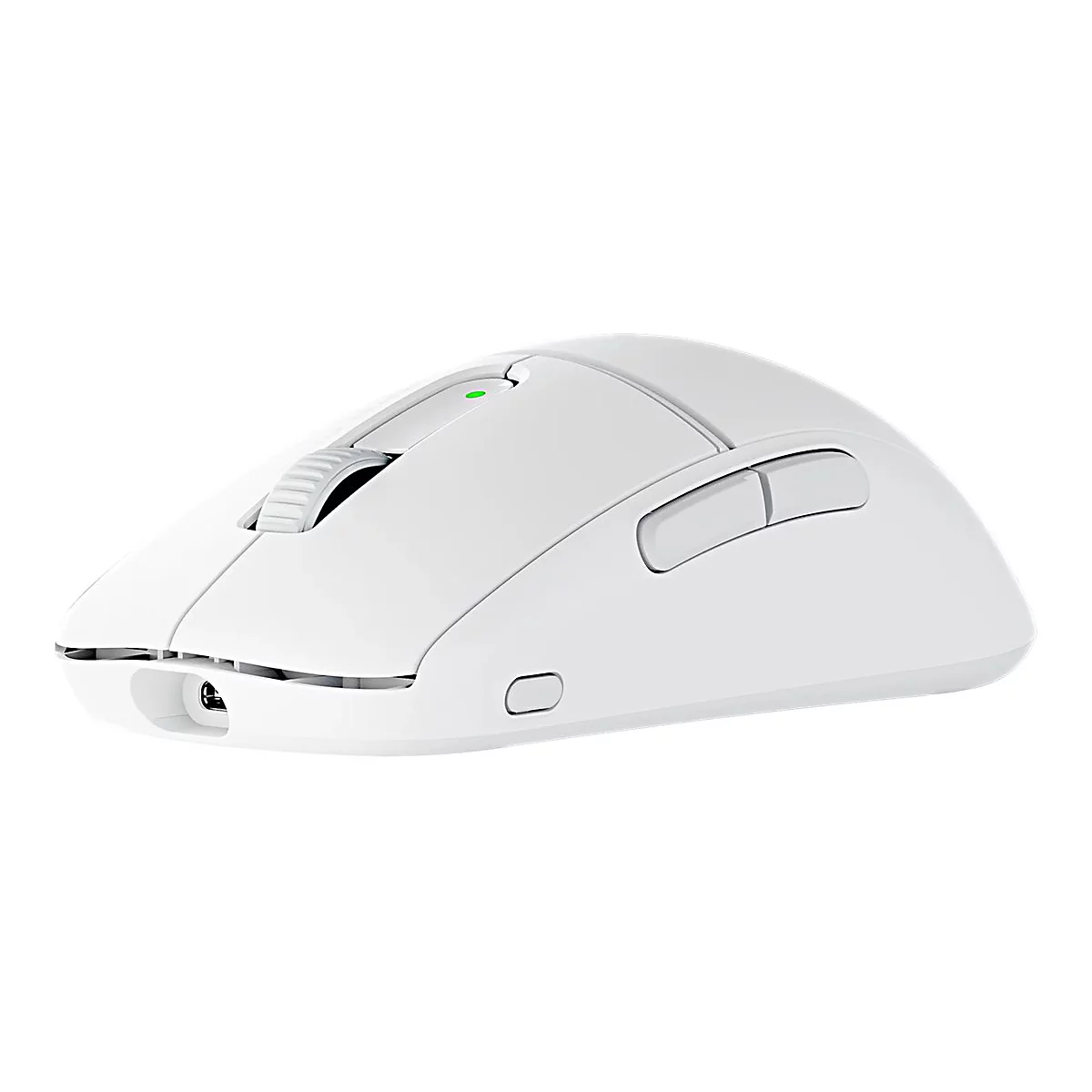 Weisse Computermaus mit Scrollrad und zwei Seitentasten. Grün leuchtende LED-Anzeige.