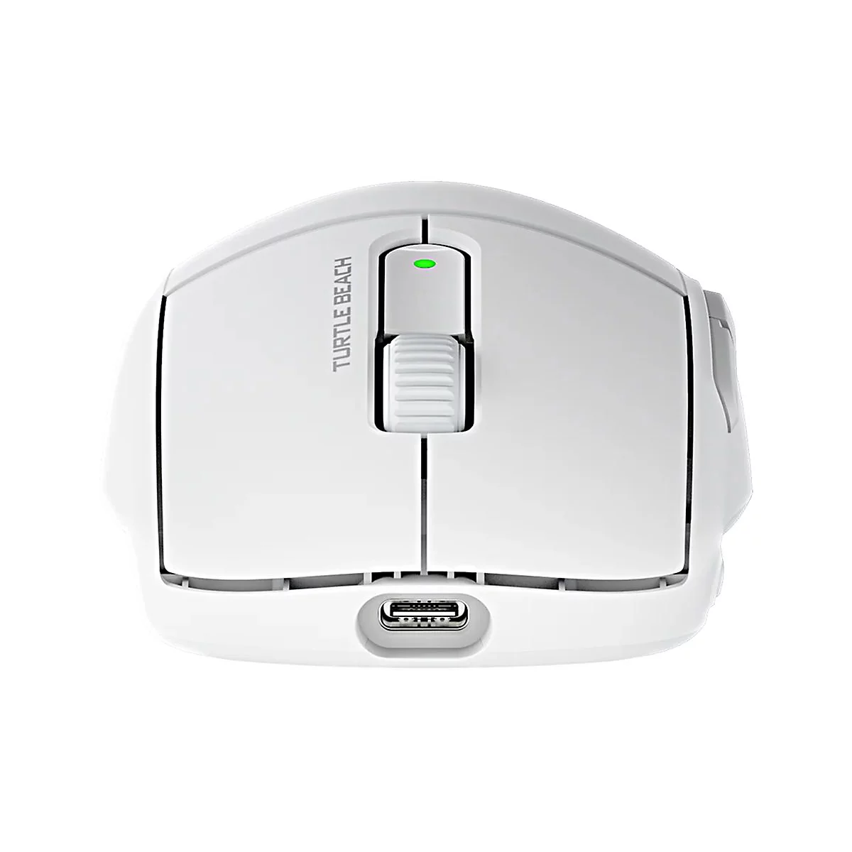 Weisse Computermaus, Turtle Beach Schriftzug, Scrollrad und Ladeanschluss.