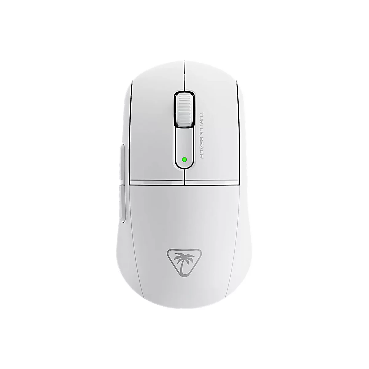 Weiße Gaming-Maus, von oben, mit Schriftzug "Turtle Beach" und einem grünen Licht.