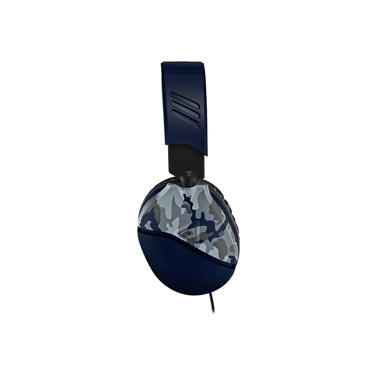 Casque bleu foncé avec écouteurs camouflage, connexion par câble.