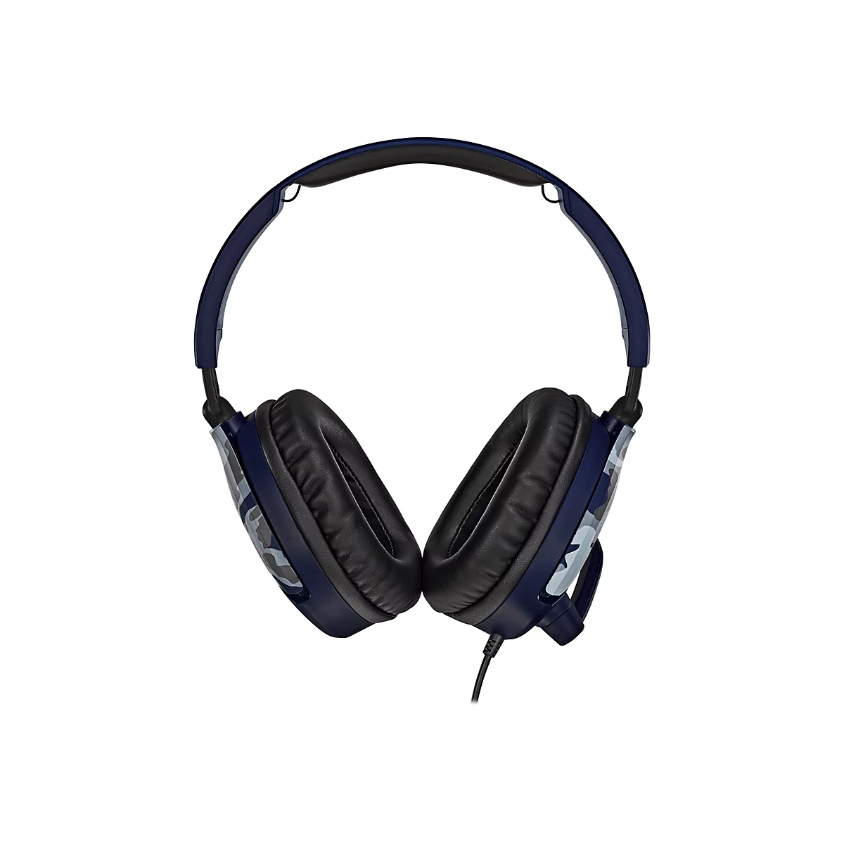 Casque bleu foncé avec motif camouflage sur fond blanc.