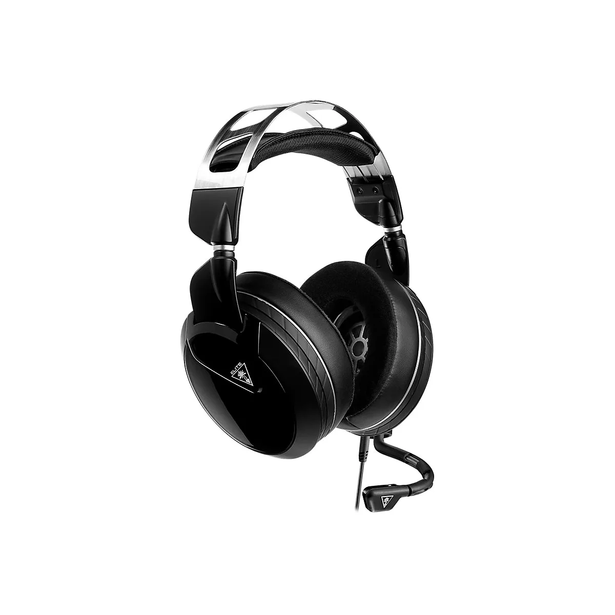 Schwarzes Gaming-Headset mit silbernen Akzenten und Mikrofon.