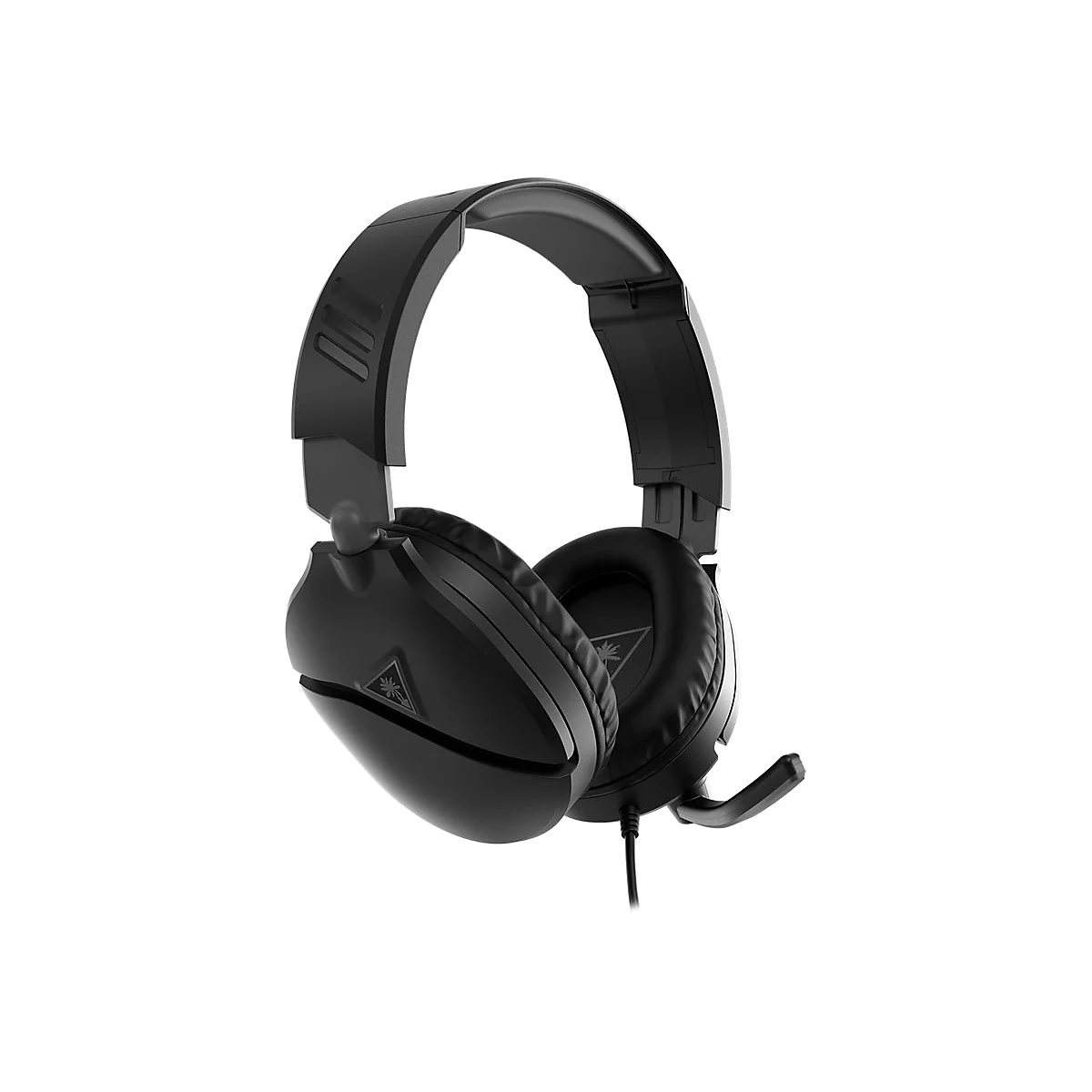 Casque de jeu noir avec microphone et coussinets rembourrés sur fond blanc.