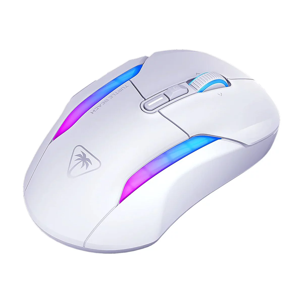 Weiße Gaming-Maus mit farbiger LED-Beleuchtung, Turtle Beach Schriftzug und Logo.