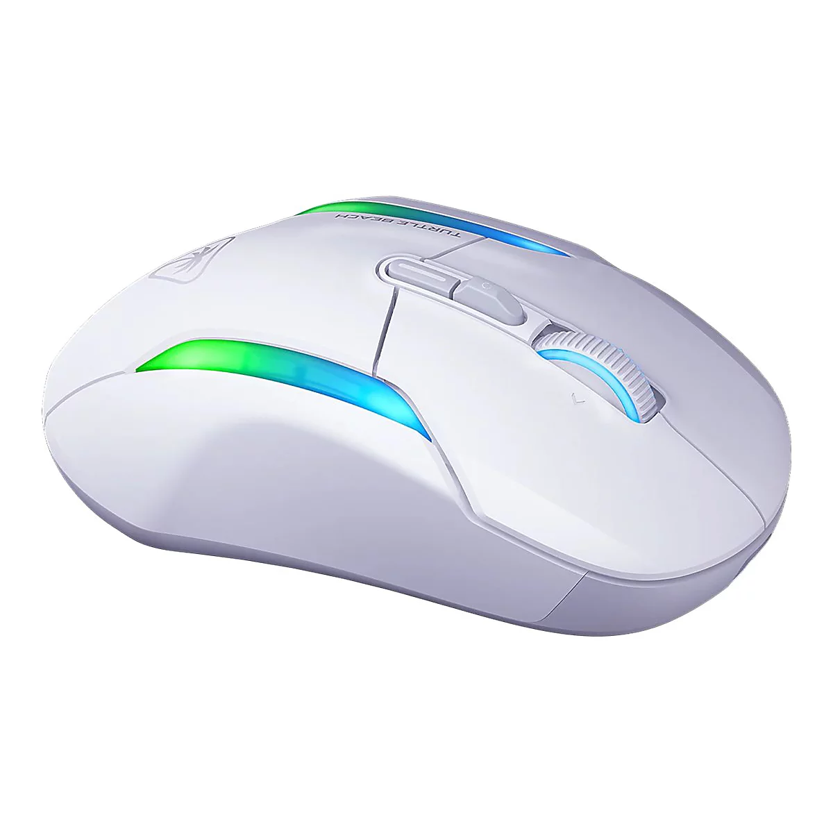 Weisse Gaming-Maus mit LED-Beleuchtung, Herstellerlogo und Schriftzug 'Turtle Beach'.