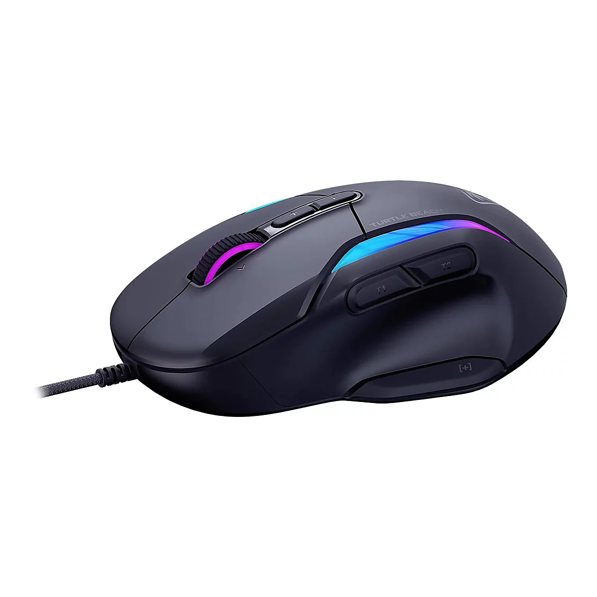 Schwarze Gaming-Maus mit RGB-Beleuchtung und Kabel. "TURTLE BEACH" ist auf der Oberfläche aufgedruckt.