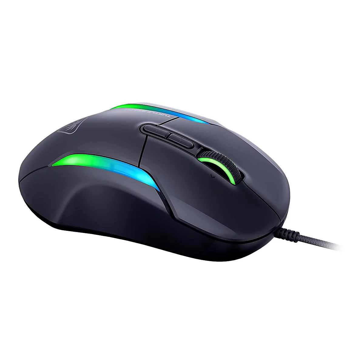 Schwarze Gaming-Maus mit grünen und blauen LED-Lichtern, Scrollrad und Kabel.