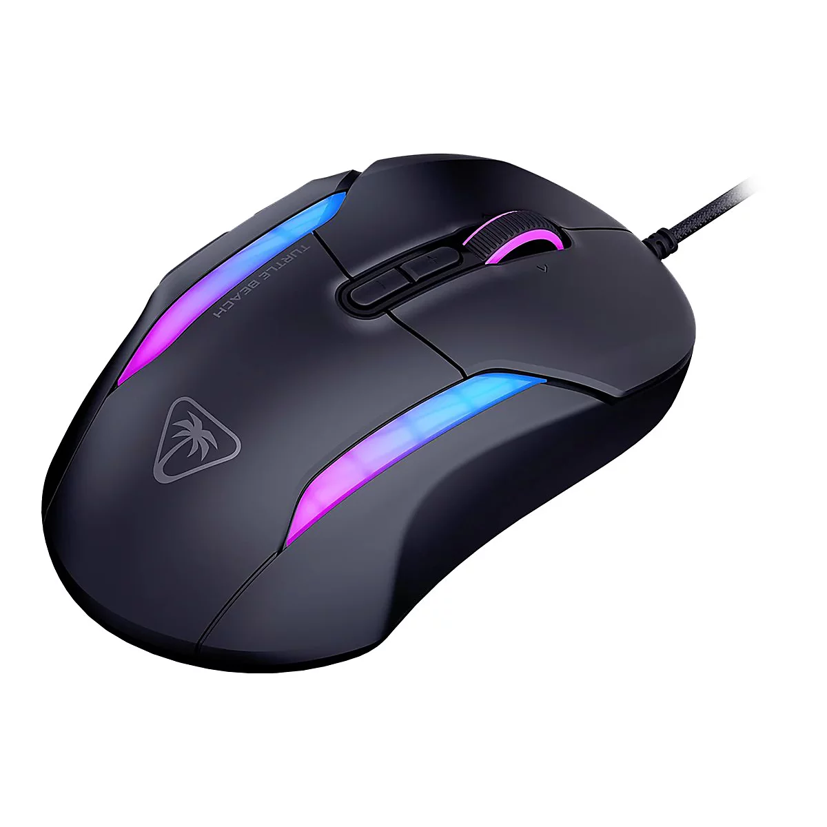 Schwarze Gaming-Maus mit farbiger LED-Beleuchtung, Markenschriftzug "Turtle Beach", Palmenlogo und Kabel.
