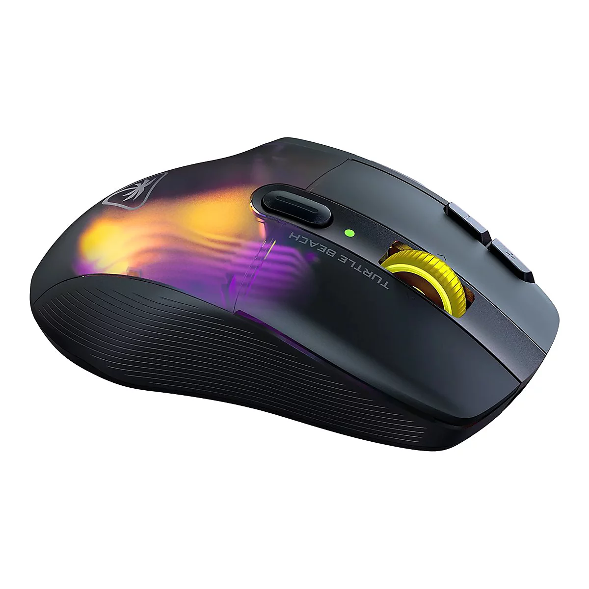 Drahtlose Gaming-Maus in Schwarz mit farbenfroher Beleuchtung und dem Schriftzug "Turtle Beach".