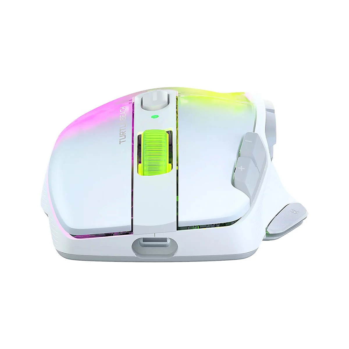 Weiße Gaming-Maus mit grünen und pinken Lichtern und seitlichen Tasten.