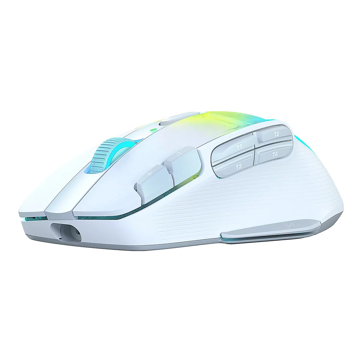 Kabellose weiße Maus mit seitlichen Tasten und Scrollrad. Tastenbeschriftung: T1, T2, T3, T4. Leuchtende RGB-Elemente.