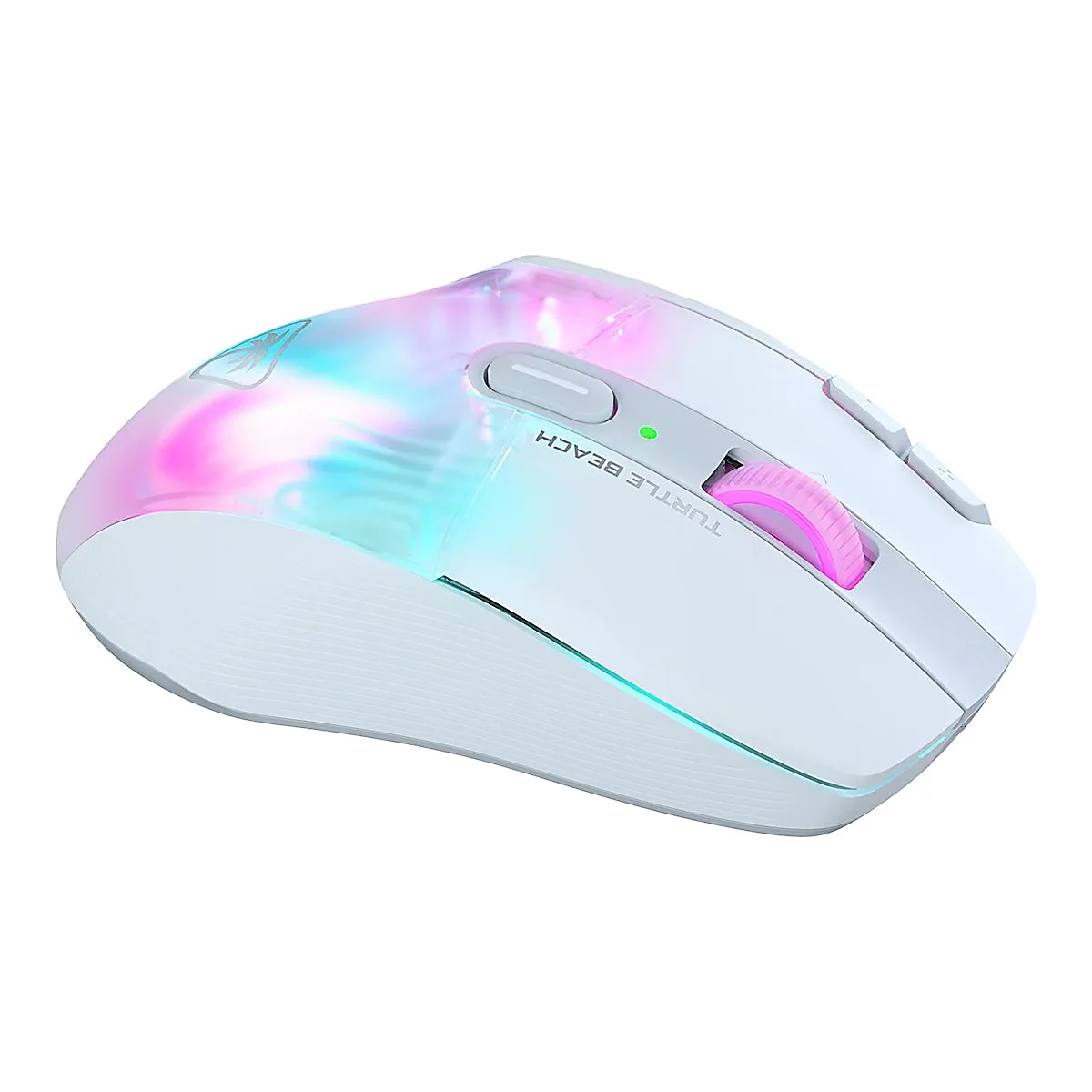 Weisse Gaming-Maus mit RGB-Beleuchtung. Rosa Scrollrad, Schriftzug "TURTLE BEACH".