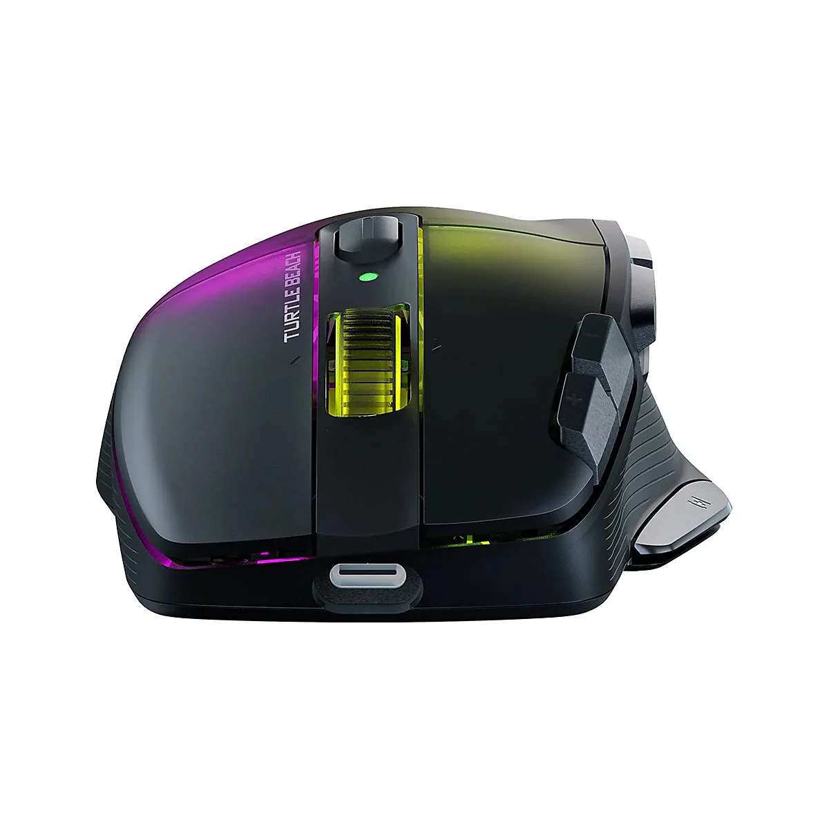 Schwarze Gaming-Maus mit LED-Beleuchtung. Seitlich Tasten und ein Scrollrad. Der Schriftzug Turtle Beach ist sichtbar.