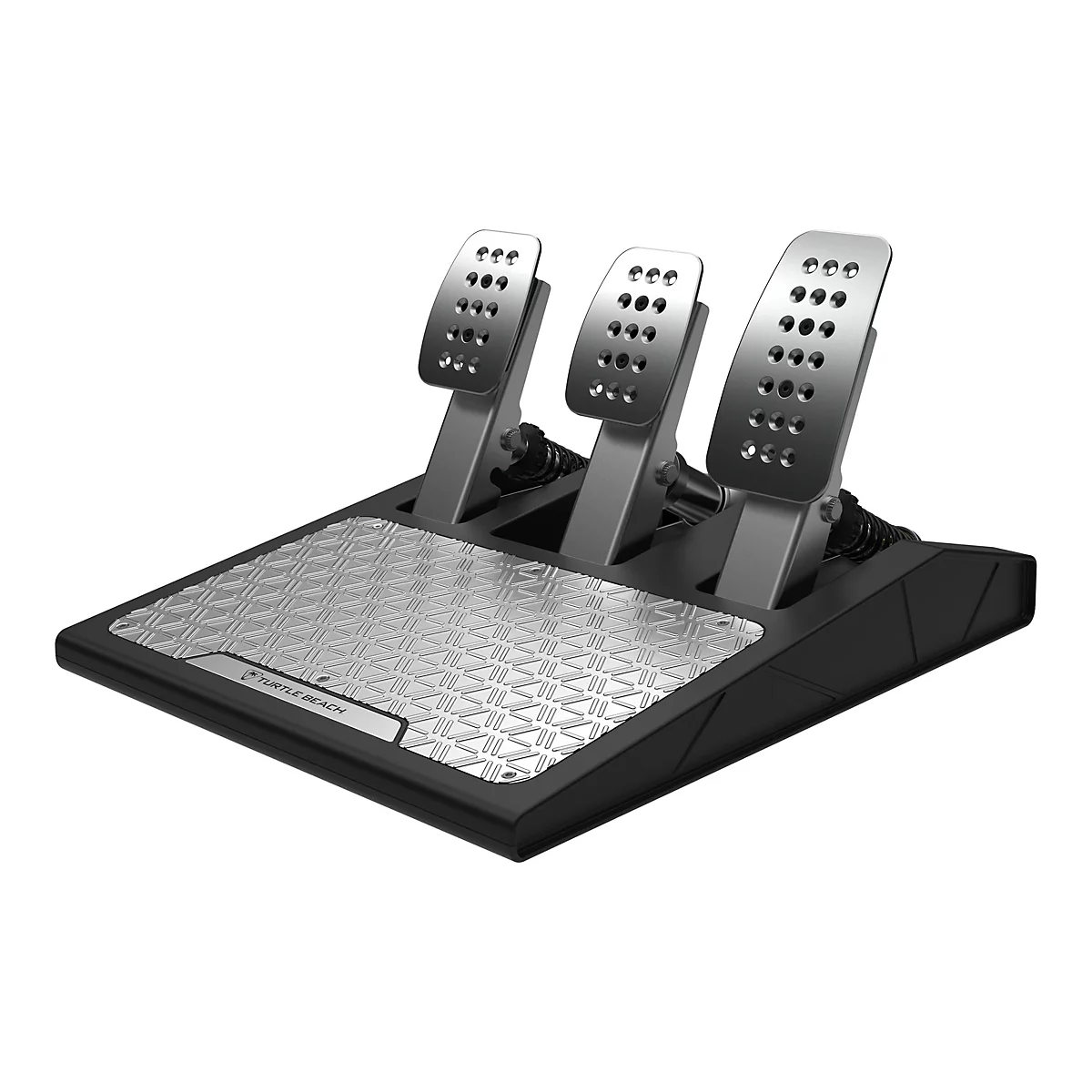 Un pédalier de jeu avec trois pédales métalliques et une plateforme antidérapante, montrant le logo Turtle Beach.