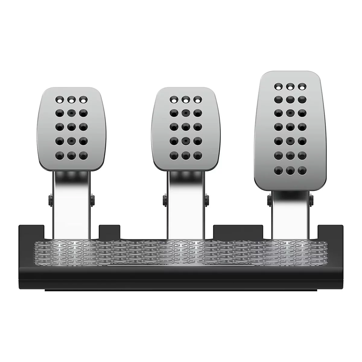 Vue de dessus d'un ensemble de pédales de course. Trois pédales argentées avec des trous sont montées sur une base noire.