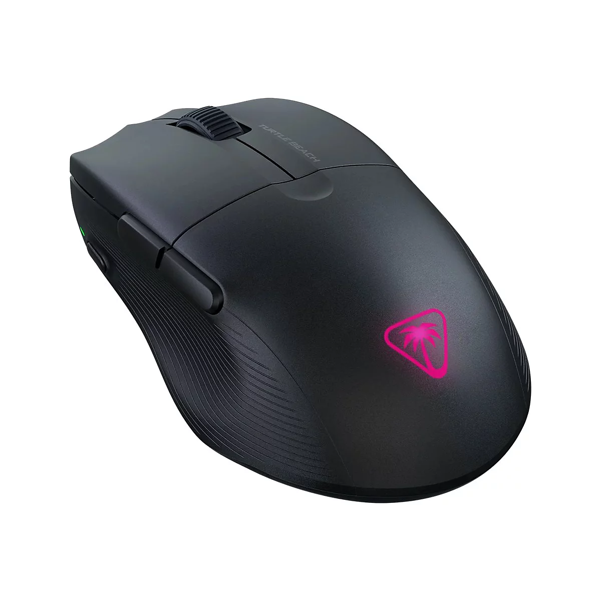 Souris de jeu noire avec logo rose et molette.
