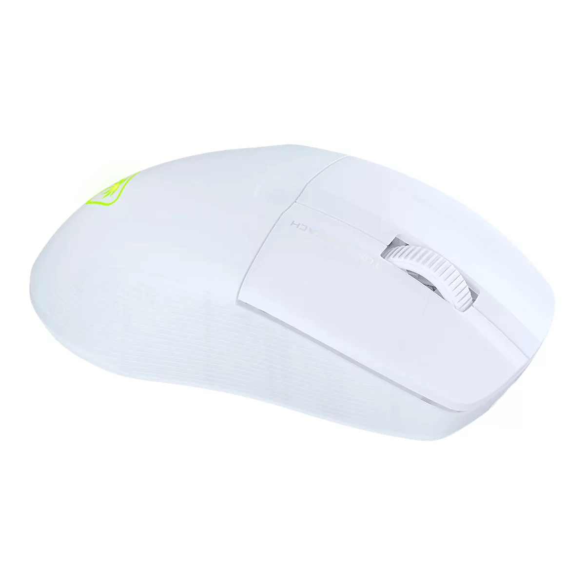 Souris d'ordinateur ergonomique blanche avec molette de défilement. Un logo est sur le côté gauche, "TURBO REACH" est sur le boîtier.