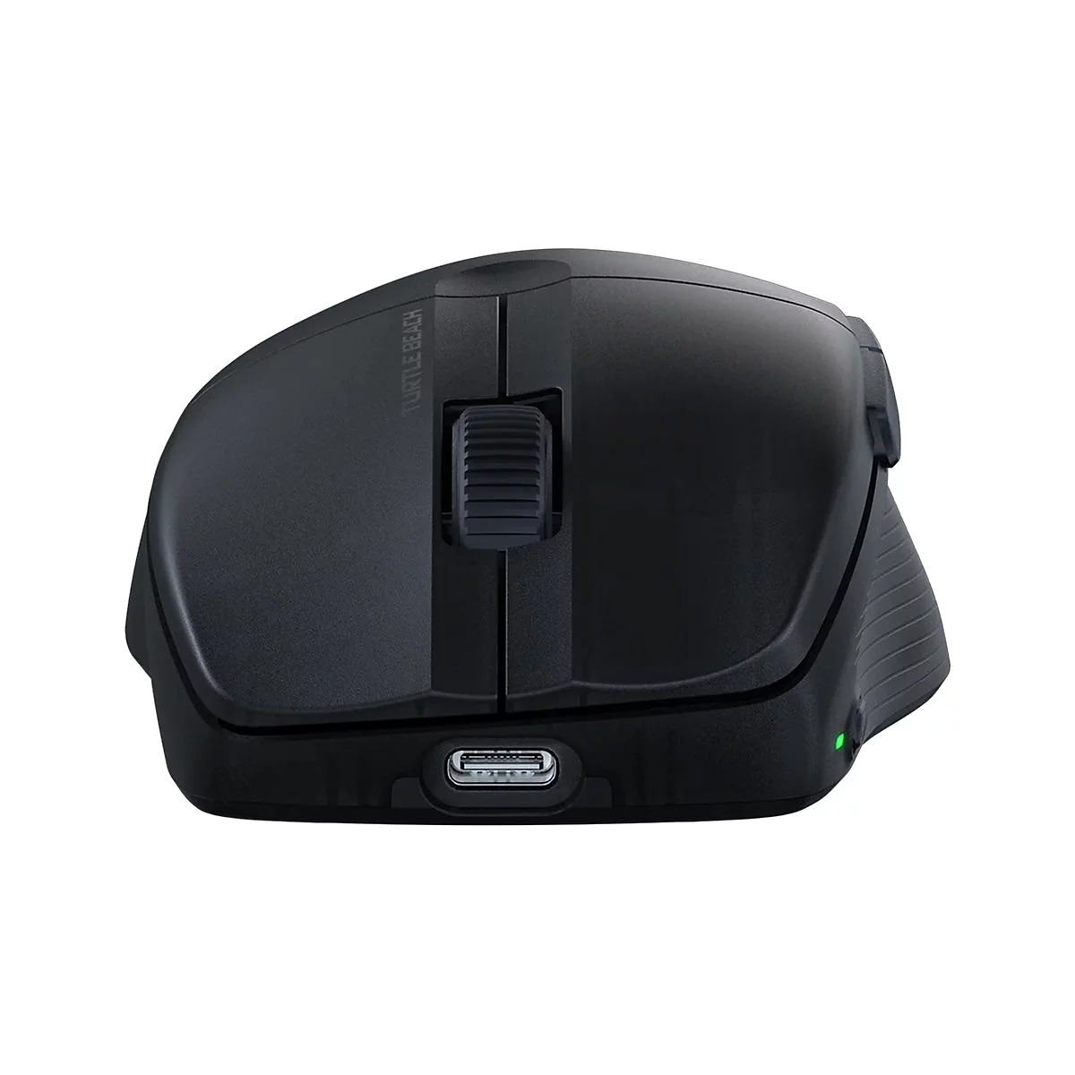 Schwarze Computermaus. Das Markenlogo Turtle Beach ist erkennbar. Der USB-C-Anschluss und das Scrollrad sind deutlich sichtbar.