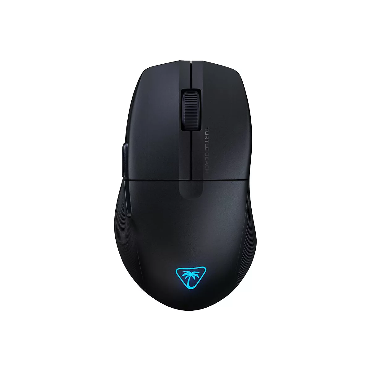 Schwarze Computermaus mit Logo. Scrollrad und seitliche Taste. Aufschrift: Turtle Beach. Hintergrund weiß.