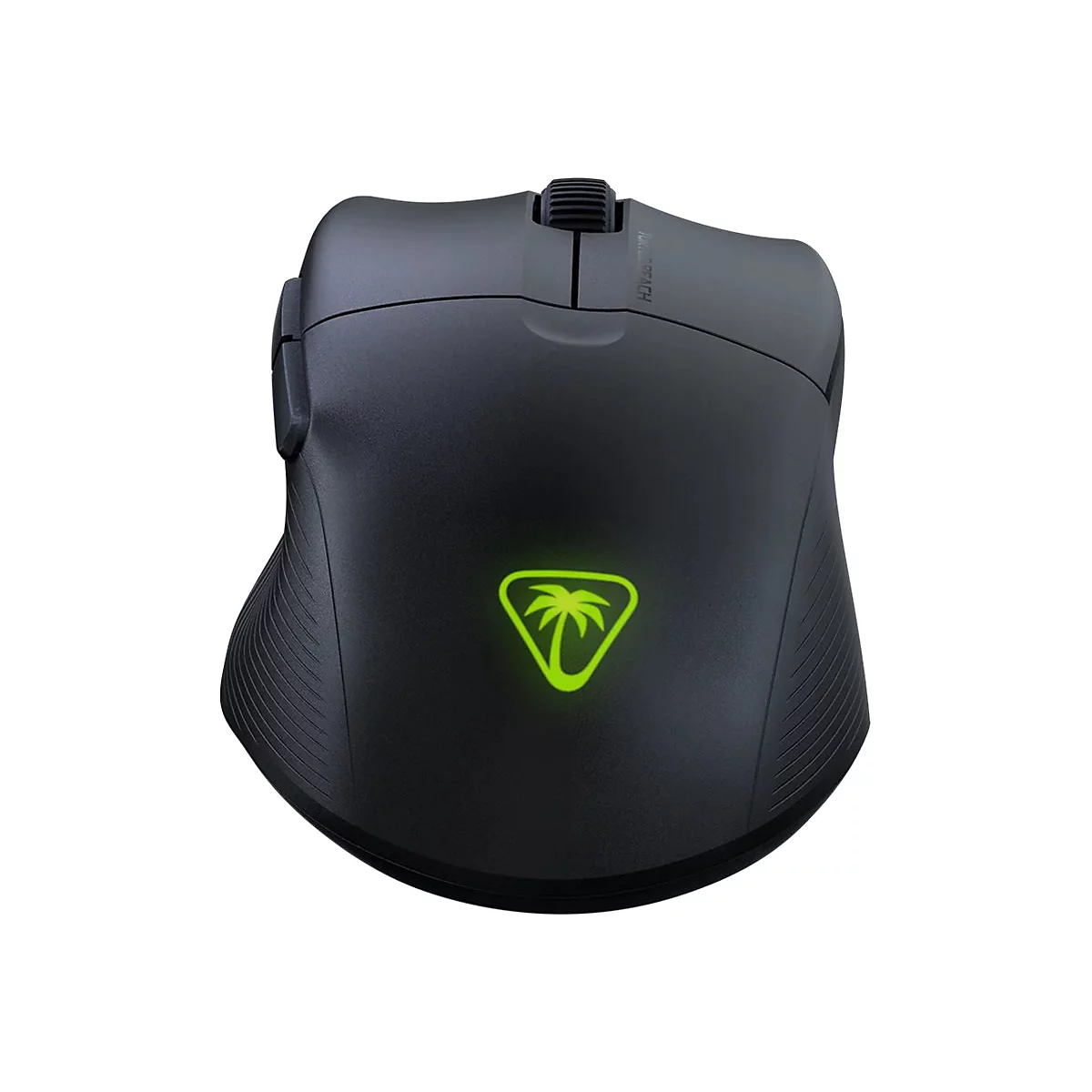 Schwarze Gaming-Maus mit grün leuchtendem Logo, seitlichen Tasten und Scrollrad.