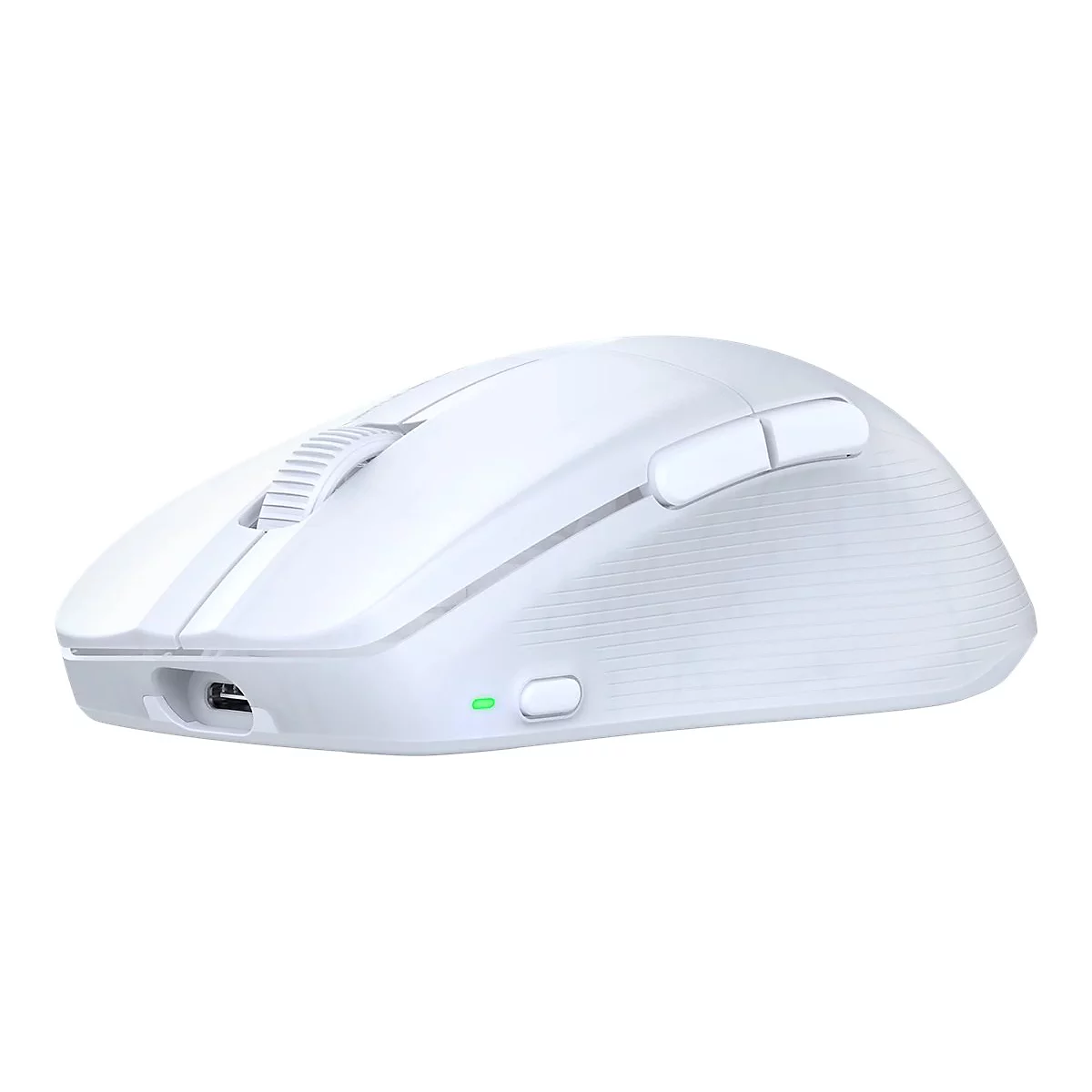 Weiße, ergonomische Computermaus mit seitlichen Zusatztasten, Mausrad und Ladeanschluss.
