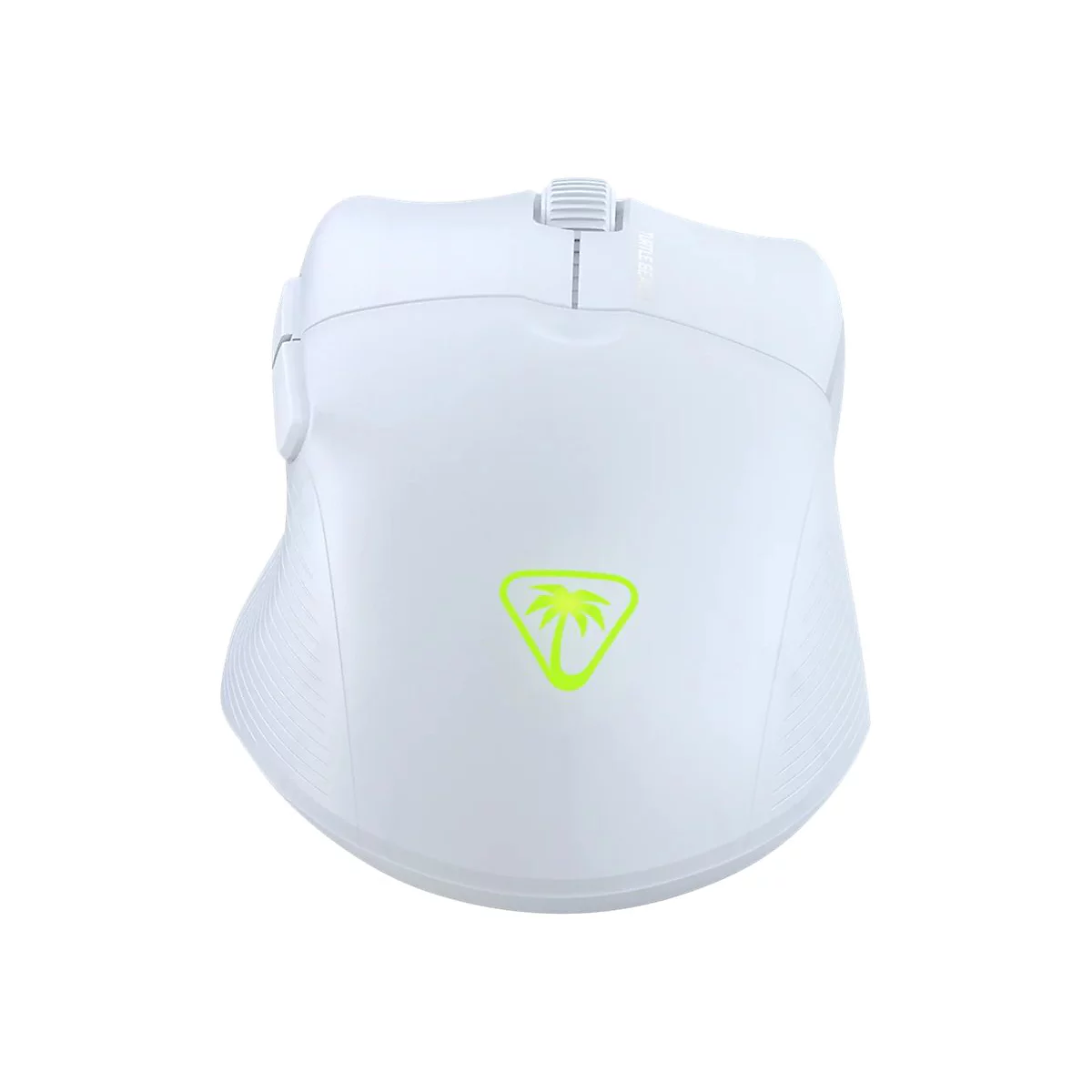 Weiße Computermaus mit dem Logo einer grünen Palme. Am Mausrad steht „Turtle Beach“.